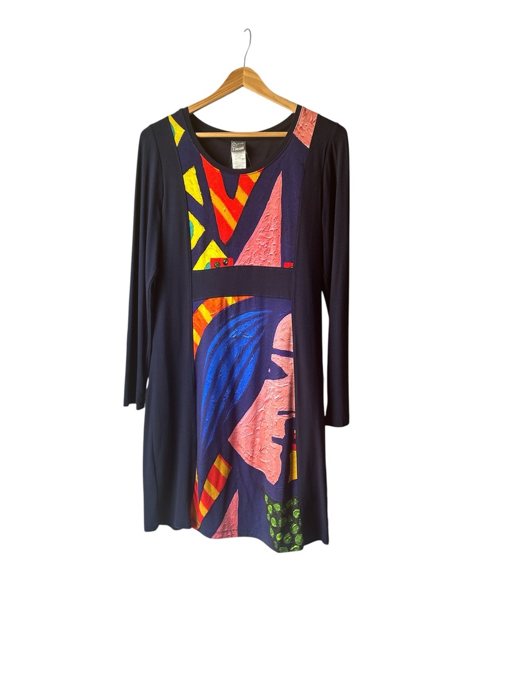Navy Long-Sleeve Art Panel Dress with Multicolor Print